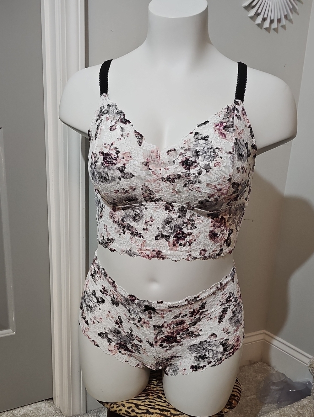Lace Floral Longline Bralette & High-Waist Brief Set - Pink/Gray